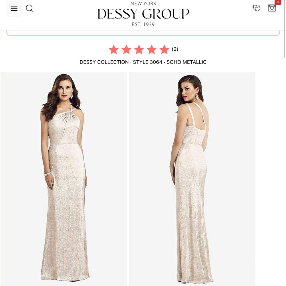 Dessy collection ONE-SHOULDER TWIST METALLIC TRUMPET GOWN IN ROSE GOLD